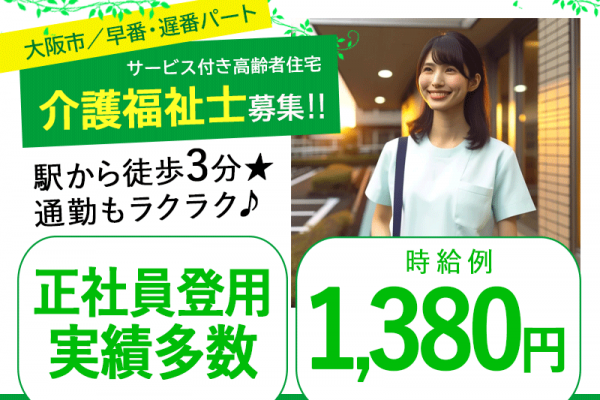 ≪大阪市/介護福祉士/早番・遅番パート≫◆駅徒歩3分◎時給例1,380円◎昇給・寸志あり◎交通費実費支給◎社内研修充実◆サービス付き高齢者向け住宅でのお仕事です☆ イメージ
